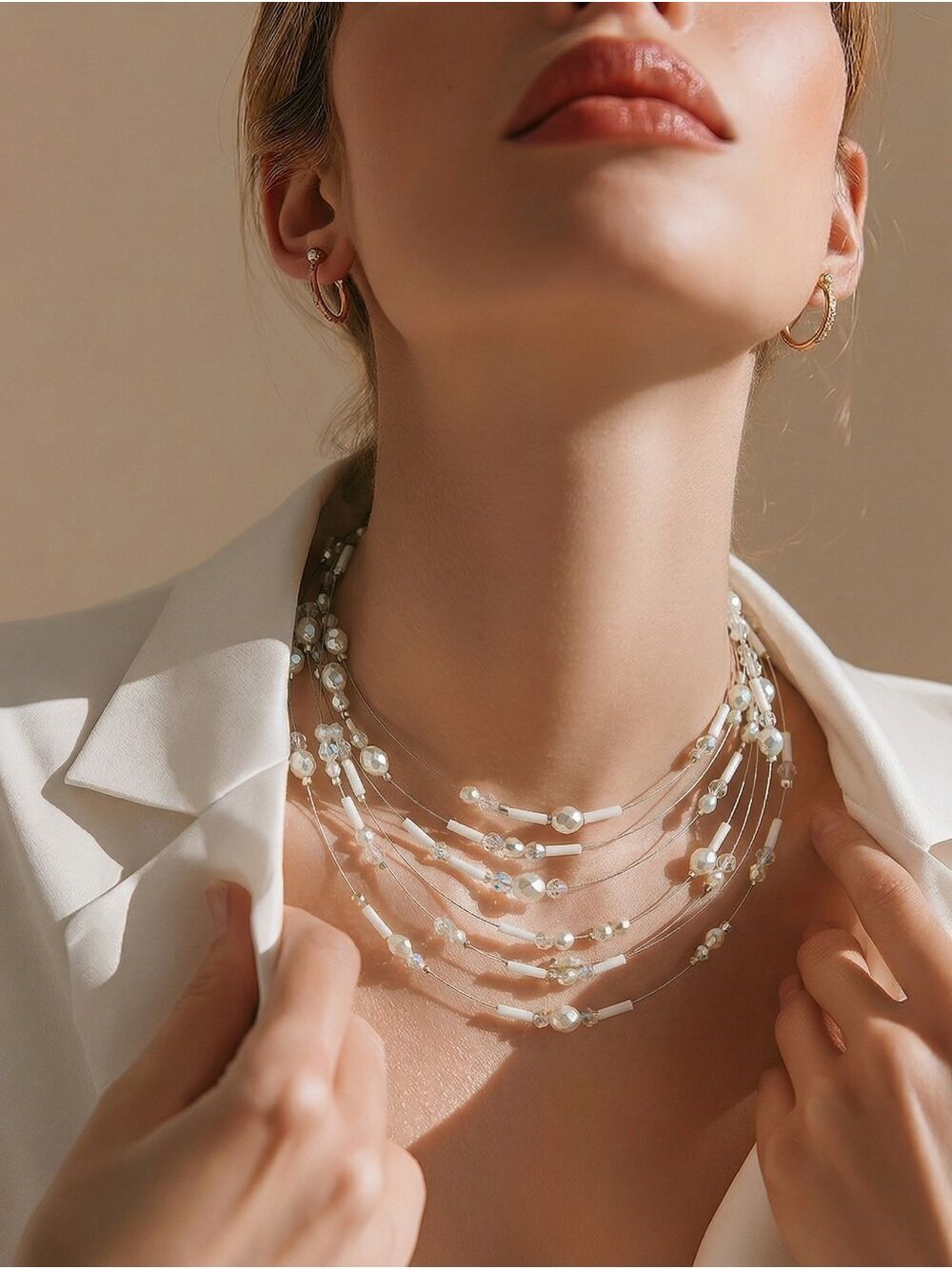 White Crystal Pearl Illusion Necklace New